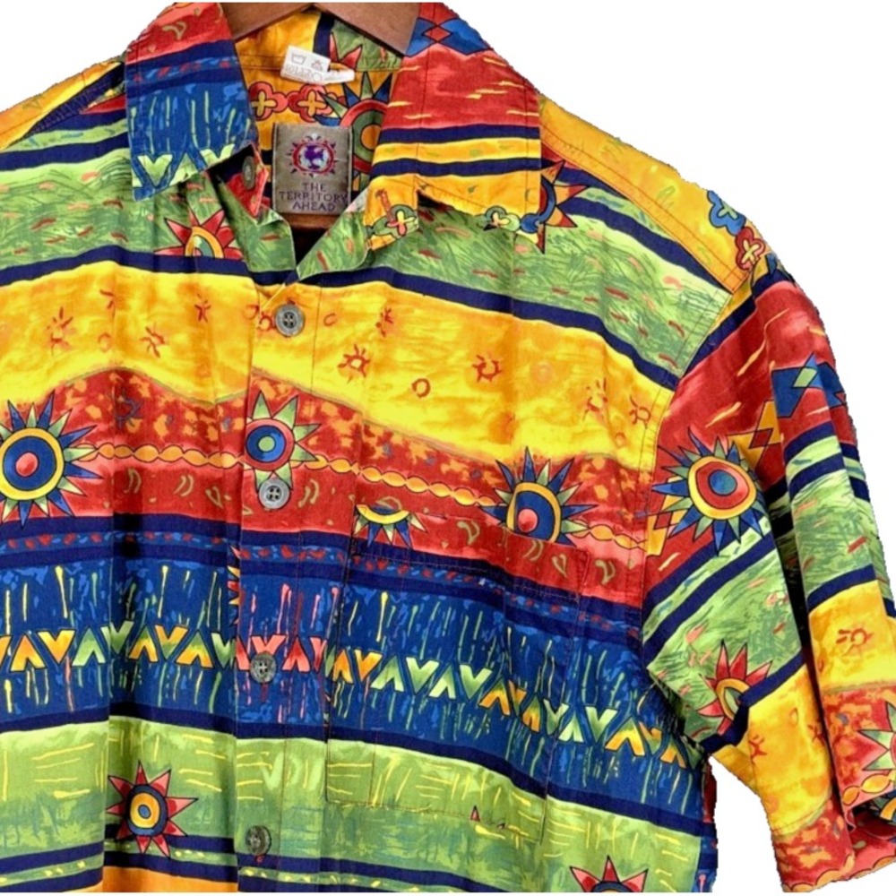 The Territory Ahead Hawaiian Shirt Mens S Multicolored Sun Tribal Button Up Cott